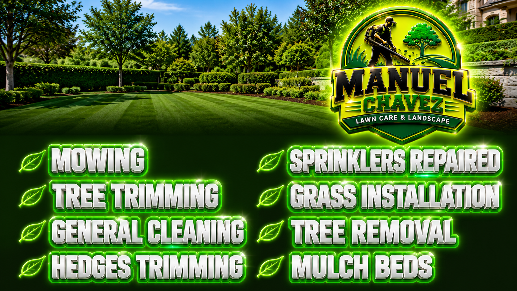 Manuel Chavez Lawn Care & Landscape — mowing, tree trimming, general cleaning, hedges trimming, sprinklers repaired, grass installation, tree removal and mulch beds